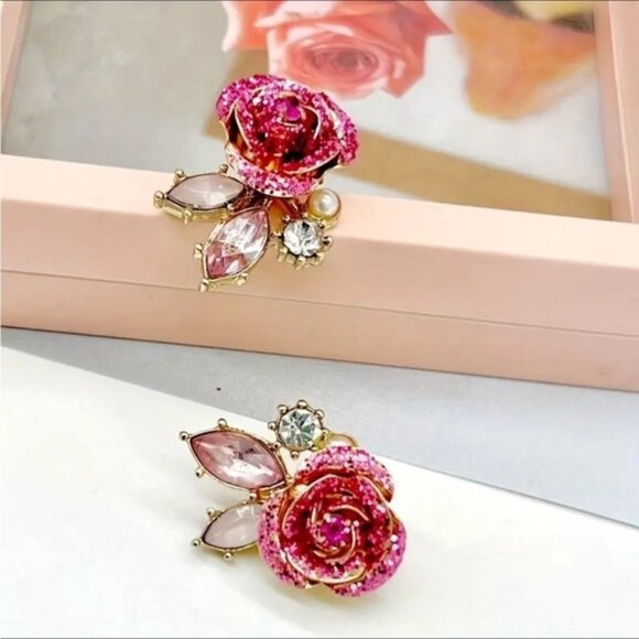 Elegant Pink Glitter Rose Rhinestone Crystal Earrings - Picture 2 of 4